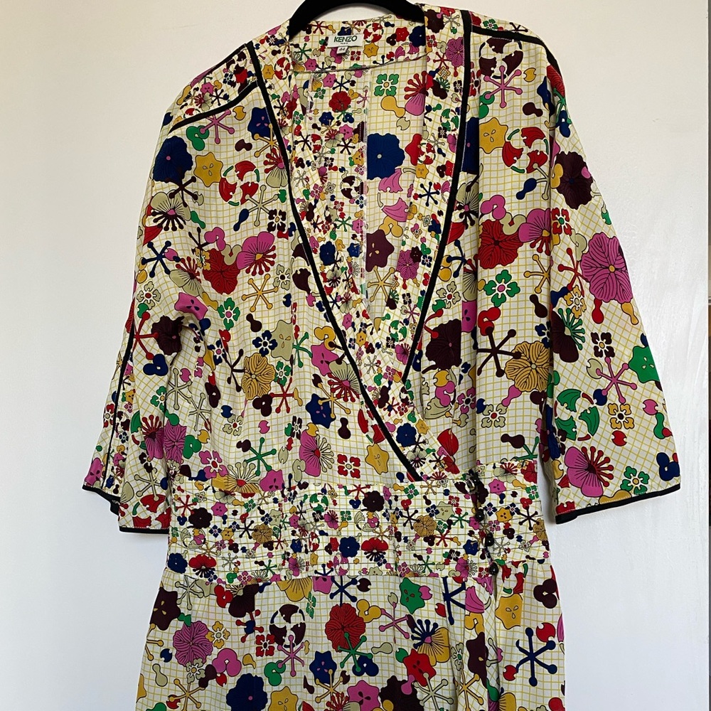 Kenzo Graphic Floral Wrap Mini Dress (Size 44)